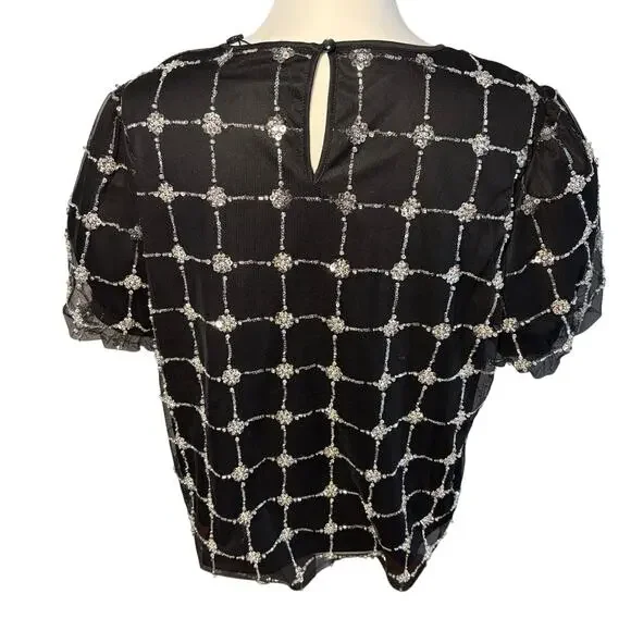 Adrianna Papell Beaded Mesh Top Black Sequin Puff Sleeve Sheer Blouse NWT Sz L - Picture 2 of 10